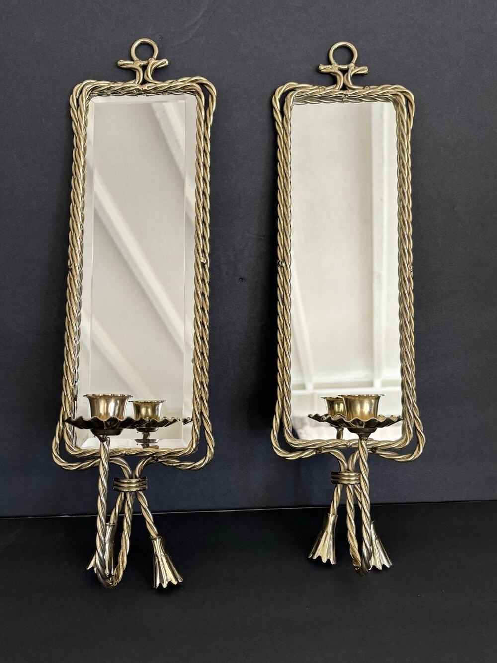 Vintage Brass Mirrored Wall Sconces Pair Rope Twist Border Candle Holders Set 2